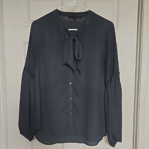 Dusk Blue Long Sleeve Tie Front Blouse